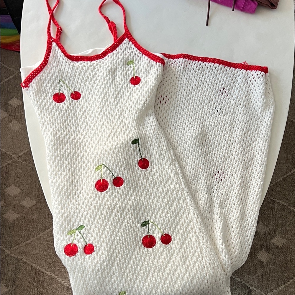Sweet Girl Cherry Crochet Fruit Print Knit Maxi Dress White Red Size Large - Picture 3 of 9